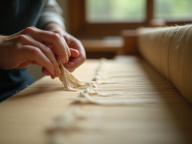 自然光が差し込む伝統的な日本の機織り機で作業する職人の手。柔らかなシルクの糸が優雅に織り込まれています。